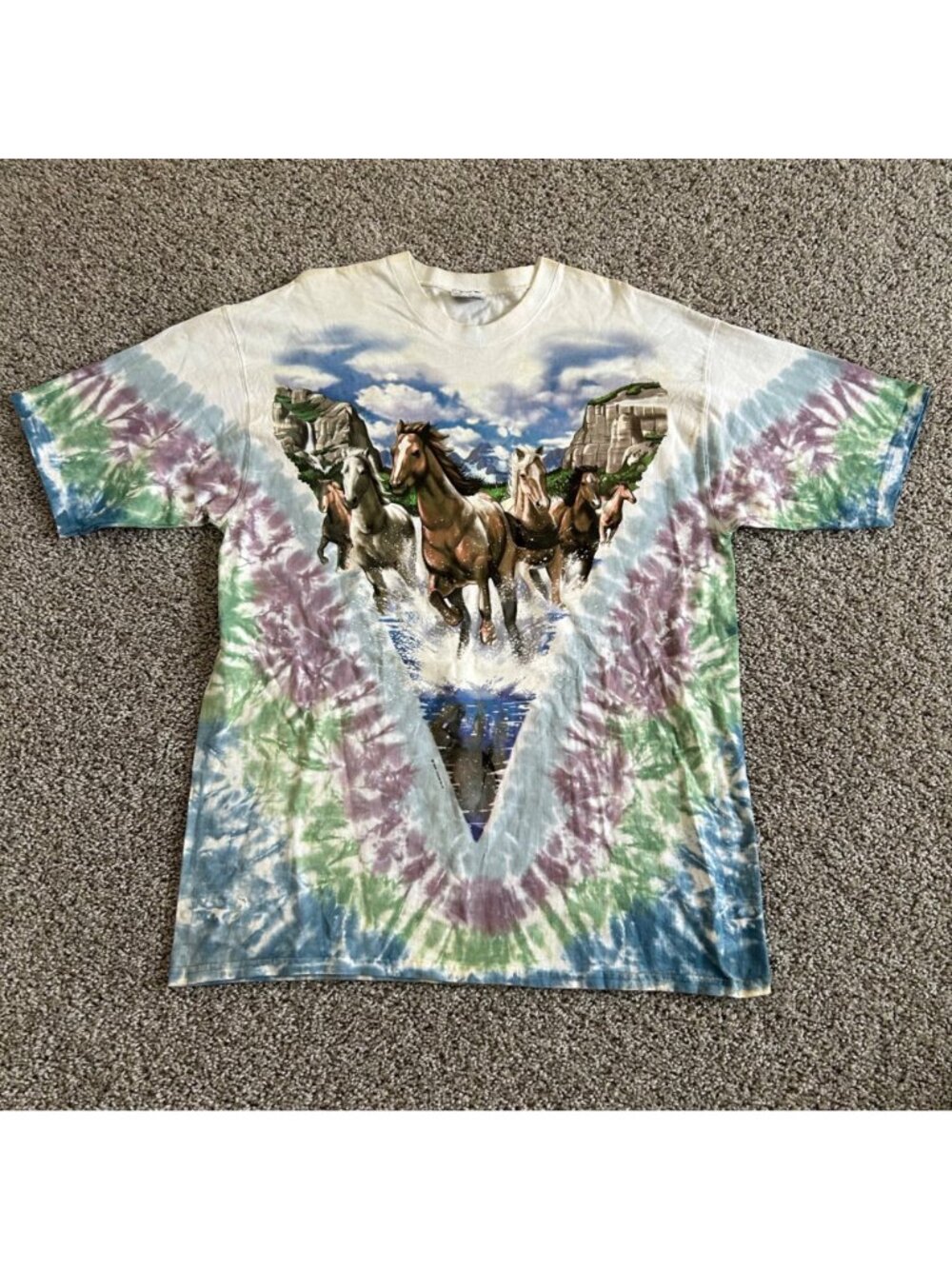 Vintage 1996 Liquid Blue Tie-Dye Wild Horses Graphic T-Shirt - Picture 12 of 13